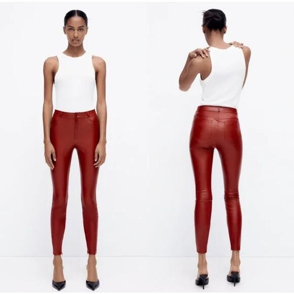 ZARA Faux Leather Leggings High Rise Ankle Zip Pants Red, Bloggers Fav Burgundy - Picture 3 of 13